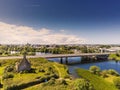 06/21/2019 Galway, Ireland: Terryland castle, Bridge over river Corrib, Galway city aerial view, cloudy sky, sunny day