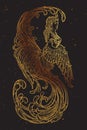 Gamayun - half-woman half-bird prophetic creature in Russian myths and fairy tales. Intricate linear drawing isolated on