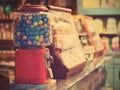 Gamble eggs in vintage gumball machine at grocery store Royalty Free Stock Photo