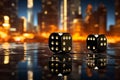 Gamble of Fortune: Dice Suspended in Mid-Air amidst Illuminated Skyscrapers Royalty Free Stock Photo