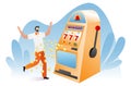 Gambler male character happy victory slot machine, lucky day for winner player cartoon vector illustration, isolated on