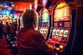 Gambling addicted man playing casino slot machine.