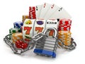 Gambling addiction concept. Slot machine, casino chips and chain