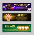 Gambling banners with Roulette Wheel and Casino Chips, lottery machine, gold fortune wheel set. Casino jackpot banner