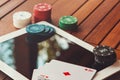Side view of a green poker table with some poker cards on a keyboard. Betting on-line concept Royalty Free Stock Photo