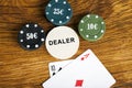 Gambling blackjack concept with betting chips and two cards Royalty Free Stock Photo