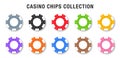 Gambling casino chips. Colorful collection of casino chips for gambling, poker, roulette. Casino chips and coins isolated on white Royalty Free Stock Photo