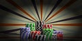 Poker chips piles and dice on retro billboard, vintage style background. 3d illustration Royalty Free Stock Photo