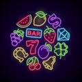 Gambling casino games neon logo with slot machine bright icons Royalty Free Stock Photo