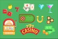 Gambling And Casino Night Club Set Of Symbols, Including Cards, Dices , Roulette Table, Chips And Slot Machine Royalty Free Stock Photo