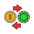 Gambling chips and cash money exchange color icon