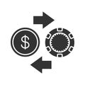 Gambling chips and cash money exchange glyph icon