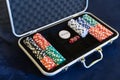 Gambling chips for dealer in open silver metal security briefcase on pool or gamble table