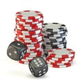 Gambling chips and two black dices 3D Royalty Free Stock Photo