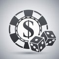 Gambling chips with two dices, vector icon Royalty Free Stock Photo