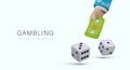 Gambling concept in 3D style. Hand holding money, gambling dice floating in air Royalty Free Stock Photo