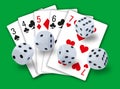 Gambling with dices rolling and playing cards showing a straight in clubs, diamonds, hearts and spades in background - simple clea Royalty Free Stock Photo