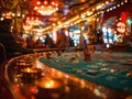 Gambling Edge: Casino Gaming Tables in the Glow of Bright Lights. AI-generated.