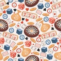 Gambling games vector seamless pattern. Roulette, golden coins, poker chips, playing cards flat illustration. Royalty Free Stock Photo