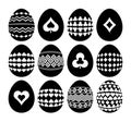 Gambling and geometric symbols on Easter eggs. Silhouettes of black Easter eggs isolated on white background. Template, Print