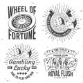 Gambling lucky logo, badge design with poker royal flush, wheel of fortune, two dice and horseshoe silhouette. life is a