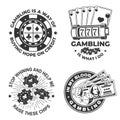 Gambling lucky logo, badge design with poker wheel of fortune, casino chips, two dice and horseshoe silhouette. Vector Royalty Free Stock Photo