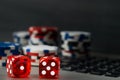 Gambling for money on the Internet in cards and dice, background Royalty Free Stock Photo