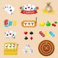 Gambling pictograms set. Deck of cards and casino, playing poker, venturesome game, dice ace vector illustration Royalty Free Stock Photo
