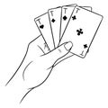 Gambling. Playing cards in hand. Casino, luck, fortuna. Four aces.