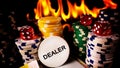 Gambling Poker Cards Money Chips and Red Dices on Fire Royalty Free Stock Photo