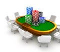 Gambling poker table with chairs and chips on it.