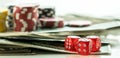 Gambling Red Dice and Money Chips Royalty Free Stock Photo