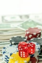 Gambling Red Dice and Money Chips Royalty Free Stock Photo