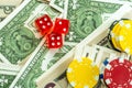 Gambling Red Dice and Money Chips Royalty Free Stock Photo