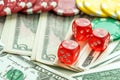 Gambling Red Dice and Money Chips Royalty Free Stock Photo