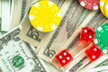 Gambling Red Dice and Money Chips Royalty Free Stock Photo