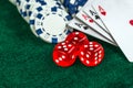 Gambling Red Dice Poker Cards and Money Chips Royalty Free Stock Photo