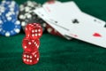 Gambling Red Dice Poker Cards and Money Chips Royalty Free Stock Photo