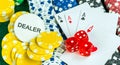 Gambling Red Dice Poker Cards and Money Chips Royalty Free Stock Photo