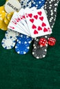 Gambling Red Dice Poker Cards and Money Chips Royalty Free Stock Photo