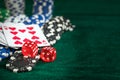 Gambling Red Dice Poker Cards and Money Chips Royalty Free Stock Photo