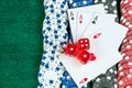 Gambling Red Dice Poker Cards and Money Chips Royalty Free Stock Photo