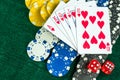 Gambling Red Dice Poker Cards and Money Chips Royalty Free Stock Photo