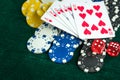 Gambling Red Dice Poker Cards and Money Chips Royalty Free Stock Photo