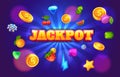 Gambling slot machine winning background with casino symbols. 777 game jackpot screen with flying coins. Cartoon money