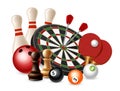 Gambling sport games. Vector bowling, darts, chess, ping pong isolated on white background