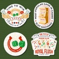 Gambling sticker, logo, badge design with wheel of fortune, two dice, horseshoe and skeleton hand holding dollar