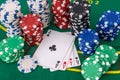 Gambling theme. Colorful casino chips on green poker table close up