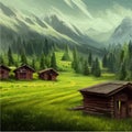 Gambling village House with blue sky against backdrop mountains with pine trees Royalty Free Stock Photo