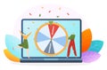 Gambling winner concept, vector illustration, flat tiny woman character win money in online game, man hold lucky wheel